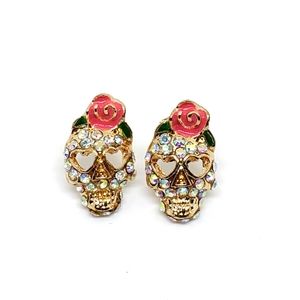 Sugar Skull Rhinestone & Gold Tone Post Earrings .50" x .25" NWOT
